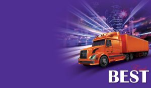 An orange container truck drives across the night city on a purple backdrop