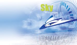 Futuristic flying wing against the abstract tech pastel blue sky gradient