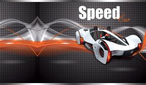 Concept racing car on a dark gray checkered backdrop with orange neon lights