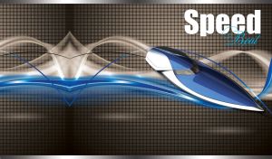 Concept boat on a dark gray-brown checkered backdrop with red neon lights