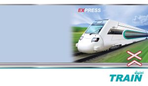 A white bullet super express train against a green and blue landscape on white