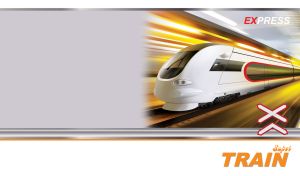 A white bullet super express train against a yellow station on white