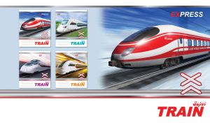 Red and white bullet super express train against a blue landscape on white