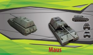 Maus tank in five views on gray and lime-green abstract background