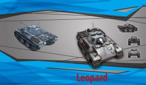 Leopard tank in five views on gray and blue abstract background
