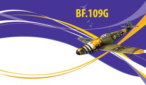 A vintage camouflage German BF-109G model aircraft on a purple and white backdrop