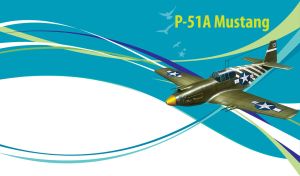 A vintage camouflage American P-51A Mustang aircraft on teal and white backdrop
