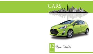 Green hybrid car isolated on white and lime backdrop with urban decor
