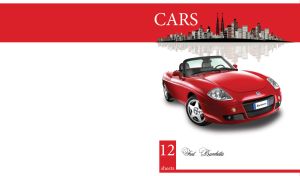 Red roadster car isolated on white and red backdrop with urban decor