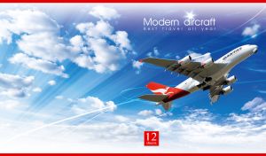 A modern aircraft gaining altitude in the sunny blue gradient sky