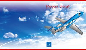 A modern blue business jet gaining altitude in the sunny blue gradient sky