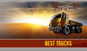 Metallic gold truck on a digital painting of a an ocher-blue dawn in the desert