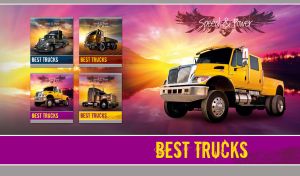 Yellow extreme truck on a digital painting of a purple-pink dawn