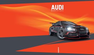 Modern matte black sports car on a red-orange abstract wavy backdrop
