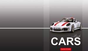 White luxury sports car with red race stripes on a grey gradient