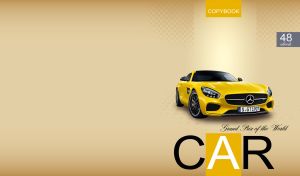 A yellow glossy roadster car on a beige dotted background