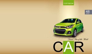 A lime green glossy compact car on a beige dotted background