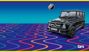 Black cross country vehicle car on a navy-blue gradient and wavy floor pattern