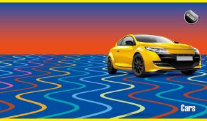 Yellow sports compact coupe on a red-blue gradient and wavy floor pattern
