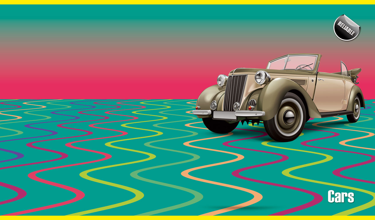 Vintage khaki Wanderer on a fuchsia-teal gradient and wavy floor pattern