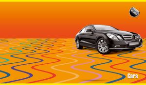 Black sports coupe on a orange-yellow gradient and wavy floor pattern