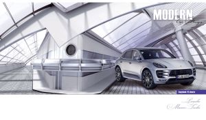 Silver sports crossover in a modern 3D showroom with steel and glass design