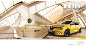 Yellow hatchback in a modern 3D showroom with steel and glass design
