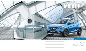 Sky blue compact car in a modern 3D showroom with steel and glass design
