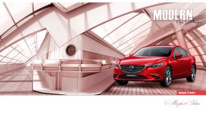 Scarlet red business sedan in a modern 3D showroom with steel and glass design
