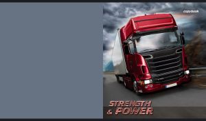 Red and white truck moves fast on a highway against the storm clouds