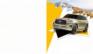 Luxury olive-beige SUV against a torn picture of snow capped mountains