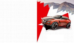 Luxury red and black subcompact SUV against a torn picture of green mountains