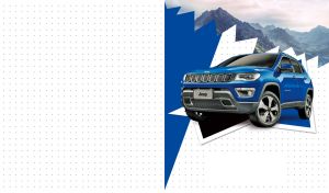 Luxury blue compact crossover against a torn picture of misty mountains
