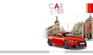 Red sports coupe against the Madrid cityscape in a white vignette