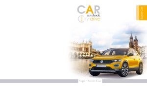 Yellow subcompact crossover against the Krakow cityscape in a white vignette