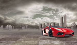 Matte red sports car against the urban stormy-sky background