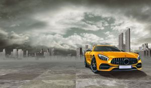 Luxury yellow roadster GT against the urban stormy-sky background