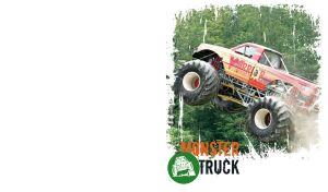 Shabby photo of a yellow-red Warrior Monster Truck with grunge edges on white