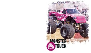 Shabby photo of a purple-pink Medusa Monster Truck with grunge edges on white