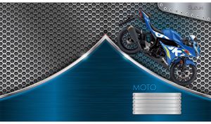 A blue-black supersport bike on a blue chrome and steel honeycomb backdrop