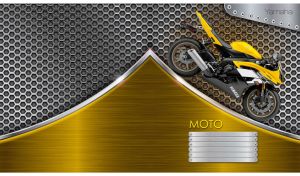 Black and yellow supersport bike on a yellow chrome and steel honeycomb backdrop