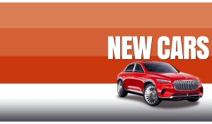 A red luxury SUV on an orange striped monochrome with a white footer