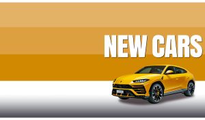 A yellow luxury sports SUV on an ocher striped monochrome with a white footer