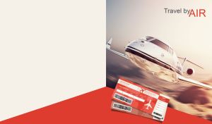 A three-quarter view of a jet in purple-white sky on a white and red backdrop