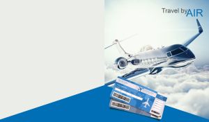 A three-quarter view of a jet in blue-white sky on a white and blue backdrop