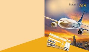 A three-quarter view of airplane in ocher-blue sky on a yellow and beige backdrop