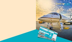 A three-quarter view of a jet against the blue sky on teal and beige backdrop