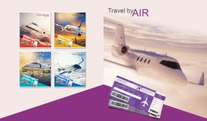 A three-quarter view of a jet in violet-white sky on pastel white and purple backdrop