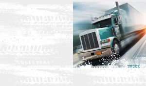 Teal semi-truck in motion against a white background with tire tracks