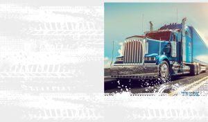 Sky blue American truck on the road against a white background with tire tracks